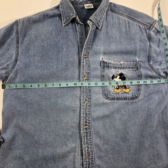 Vintage 90s Disney Store Distressed Embroidered Mickey Mouse Pocket Denim Shirt - Picture 7 of 10